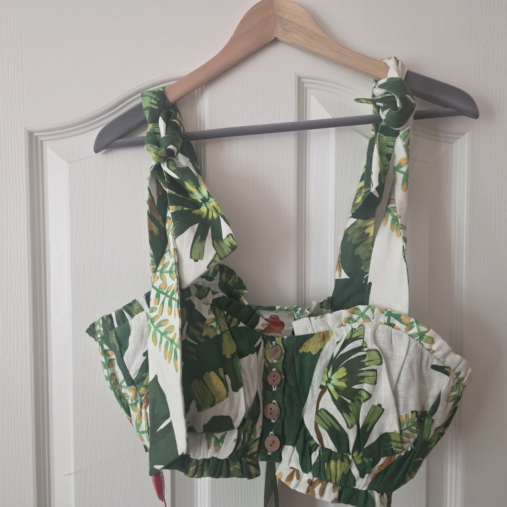 FARM Rio Green and White Bustier Tank Top with Tie Front